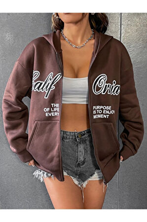 Kadın Kahverengi California Baskılı Kapüşonlu Fermuarlı Hırka