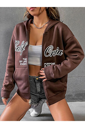 Kadın Kahverengi California Baskılı Kapüşonlu Fermuarlı Hırka