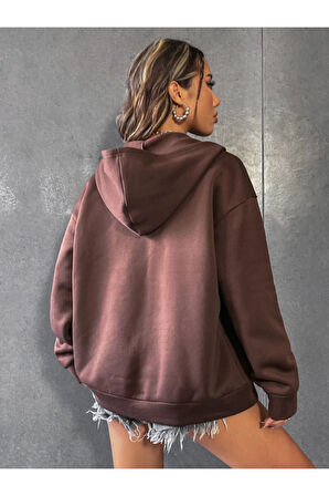 Kadın Kahverengi California Baskılı Kapüşonlu Fermuarlı Hırka