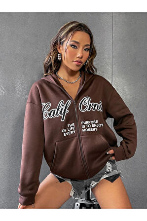Kadın Kahverengi California Baskılı Kapüşonlu Fermuarlı Hırka