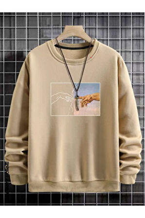 Erkek El Baskı Bisiklet Yaka Sweatshirt