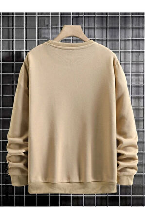 Erkek El Baskı Bisiklet Yaka Sweatshirt