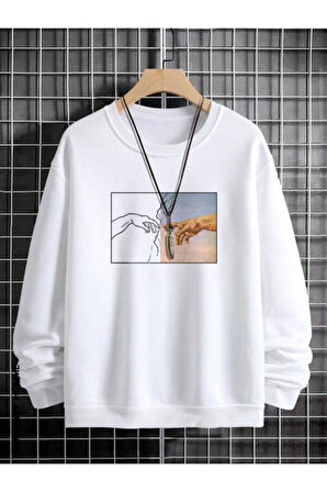 Erkek El Baskı Bisiklet Yaka Sweatshirt