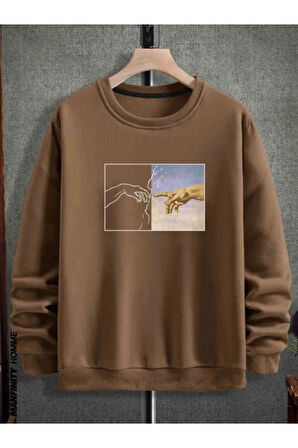 Erkek El Baskı Bisiklet Yaka Sweatshirt