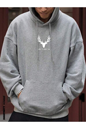 Erkek Geyik Baskı Kapüşonlu Sweatshirt