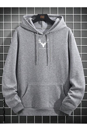 Erkek Geyik Baskı Kapüşonlu Sweatshirt