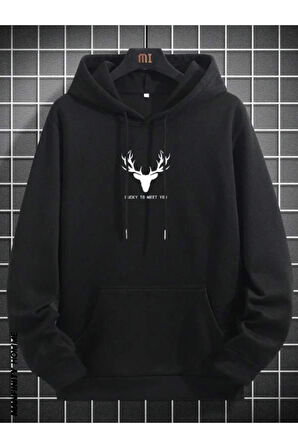 Erkek Geyik Baskı Kapüşonlu Sweatshirt