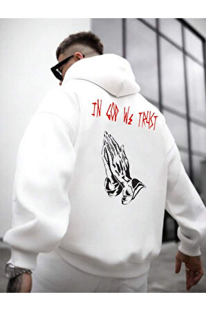 Erkek Beyaz Sırt God We Trust Baskılı Kapüşonlu Sweatshirt