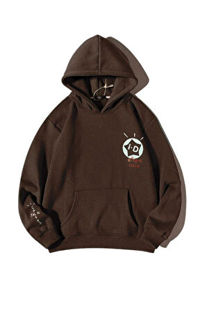 Unisex Kahverengi Id Baskılı Oversize Kapşonlu Sweatshirt