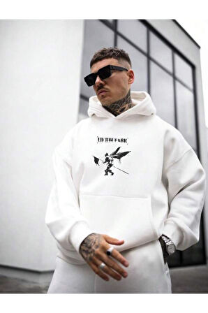 Erkek Linkin Park Baskılı Kapüşonlu Sweatshirt