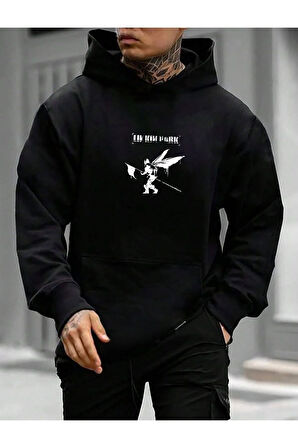 Erkek Linkin Park Baskılı Kapüşonlu Sweatshirt