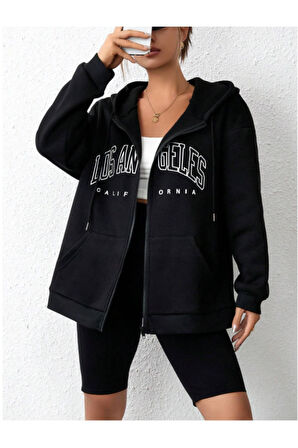 Unisex Siyah Los Angeles Fermuarlı Kapüşonlu Hırka