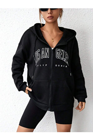 Unisex Siyah Los Angeles Fermuarlı Kapüşonlu Hırka