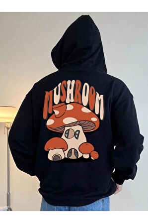 Unisex Mushroom Baskı Kapüşonlu Sweatshirt