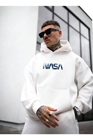 Erkek Nasa Baskılı Kapüşonlu Sweatshirt