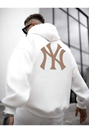 Erkek Ön Arka NY Baskılı Kapüşonlu Sweatshirt