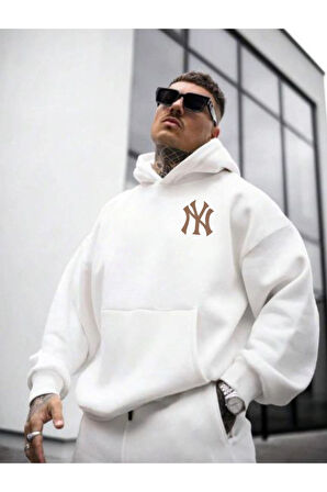 Erkek Ön Arka NY Baskılı Kapüşonlu Sweatshirt