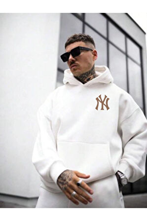 Erkek Ön Arka NY Baskılı Kapüşonlu Sweatshirt