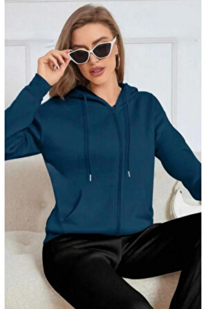 Kadın Fermuarlı Kapüşonlu Hırka