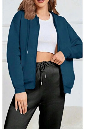 Kadın Fermuarlı Kapüşonlu Hırka