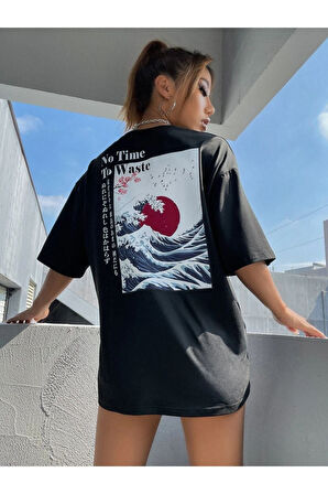 Unisex Siyah Dalga Sırt Baskılı Oversize Tshirt