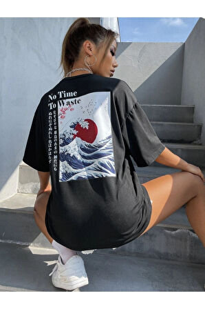 Unisex Siyah Dalga Sırt Baskılı Oversize Tshirt