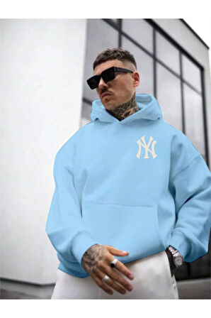 Erkek Ön Arka NY Baskılı Kapüşonlu Sweatshirt