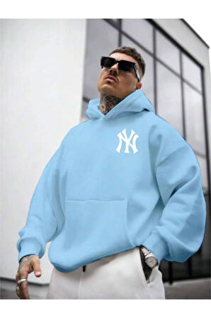 Erkek Ön Arka NY Baskılı Kapüşonlu Sweatshirt