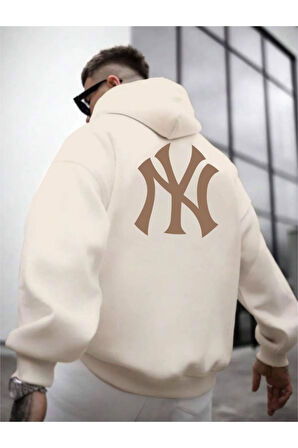 Erkek Ön Arka NY Baskılı Kapüşonlu Sweatshirt
