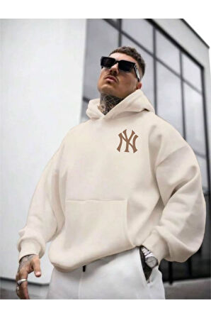 Erkek Ön Arka NY Baskılı Kapüşonlu Sweatshirt