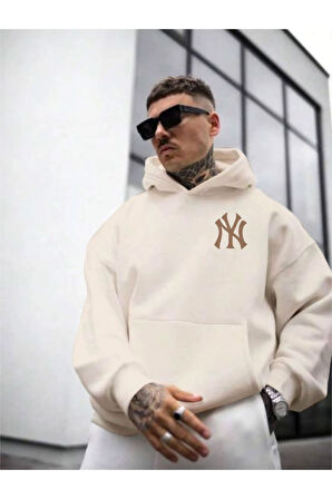 Erkek Ön Arka NY Baskılı Kapüşonlu Sweatshirt