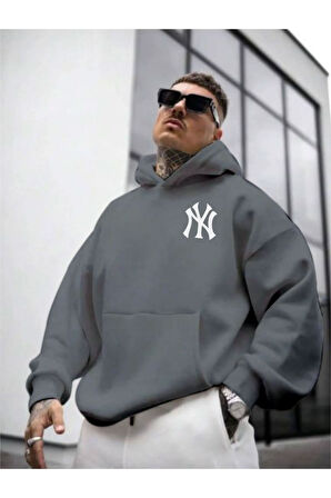 Erkek Ön Arka NY Baskılı Kapüşonlu Sweatshirt
