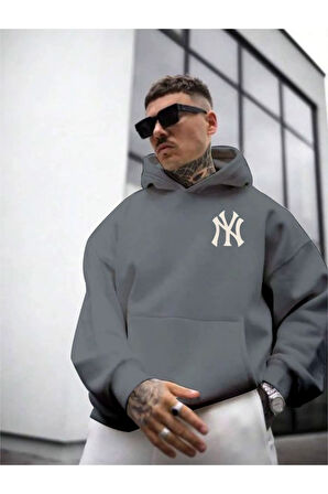 Erkek Ön Arka NY Baskılı Kapüşonlu Sweatshirt