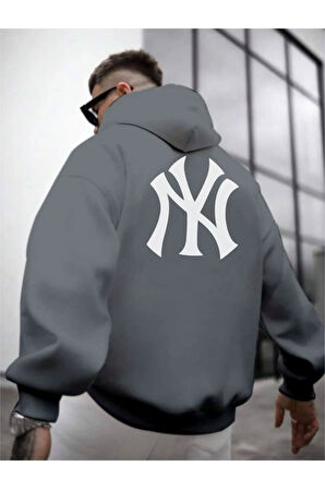 Erkek Ön Arka NY Baskılı Kapüşonlu Sweatshirt