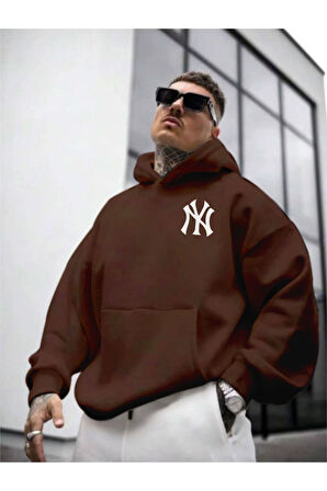 Erkek Ön Arka NY Baskılı Kapüşonlu Sweatshirt