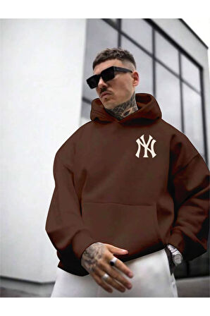 Erkek Ön Arka NY Baskılı Kapüşonlu Sweatshirt