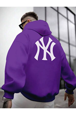 Erkek Ön Arka NY Baskılı Kapüşonlu Sweatshirt