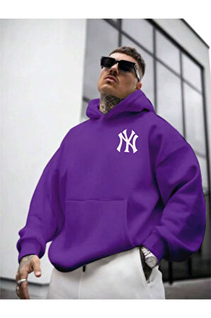 Erkek Ön Arka NY Baskılı Kapüşonlu Sweatshirt