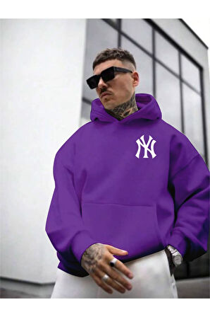 Erkek Ön Arka NY Baskılı Kapüşonlu Sweatshirt