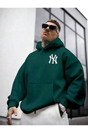 Erkek Ön Arka NY Baskılı Kapüşonlu Sweatshirt