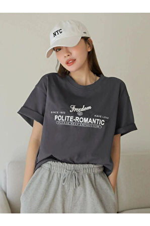 Unisex Antrasit Polite Romantic Baskılı Oversize Tshirt