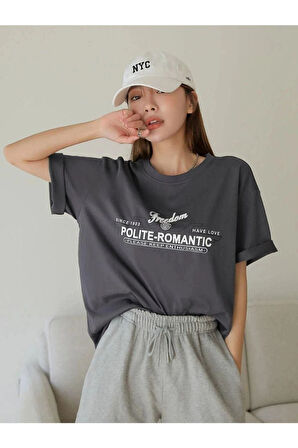 Unisex Antrasit Polite Romantic Baskılı Oversize Tshirt