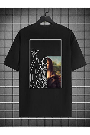 Unisex Siyah Monalisa Baskılı Oversize T-shirt