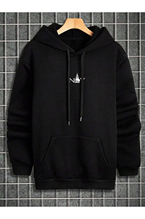 Erkek Siyah New York Baskılı Kapüşonlu Sweatshirt