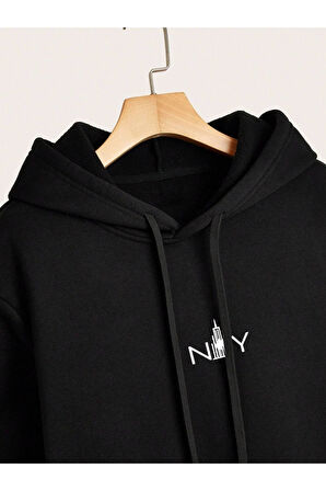 Erkek Siyah New York Baskılı Kapüşonlu Sweatshirt
