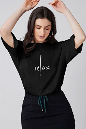 Kadın Siyah Relax Baskılı Oversize T-shirt