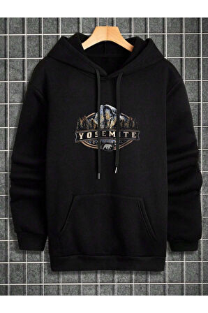 Erkek Siyah Yosemite Baskılı Kapüşonlu Sweatshirt