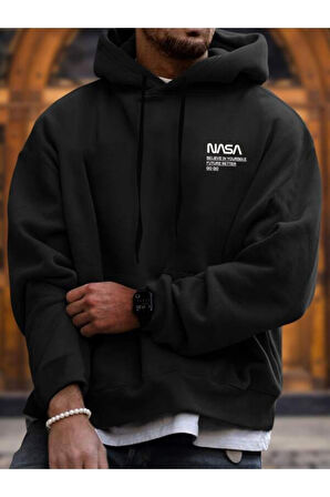 Erkek Nasa Yazı Detay Baskılı Kapüşonlu Sweatshirt
