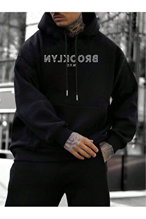 Erkek Siyah Ters Brooklyn Baskılı Kapüşonlu Sweatshirt