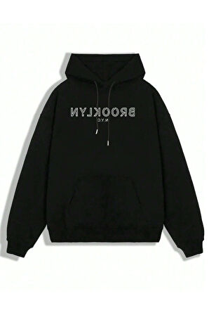 Erkek Siyah Ters Brooklyn Baskılı Kapüşonlu Sweatshirt